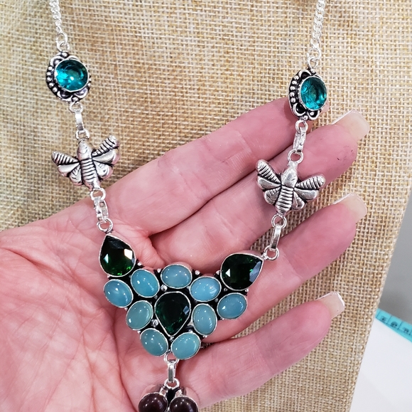 Aqua Chalcedony, Green Onyx, Garnet Gem 925 Statement Necklace - Picture 8 of 15